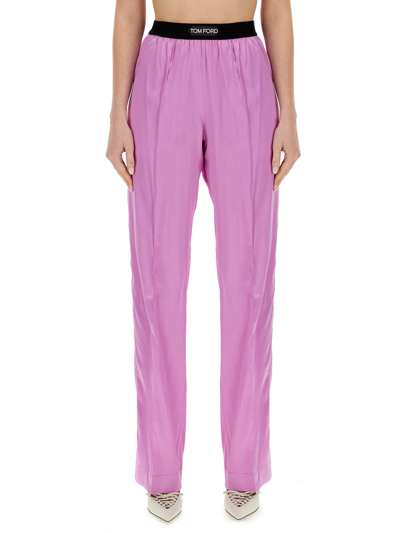 Tom Ford Fuchsia Satin Pants With Logo On Waistband In Stretch Silk Woman In Purple