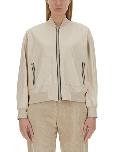 Shop Brunello Cucinelli Leather Bomber Jacket In Ivory