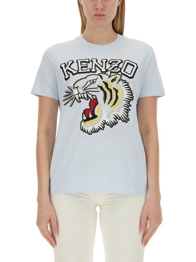Shop Kenzo T-shirt With Tiger Embroidery In Azure
