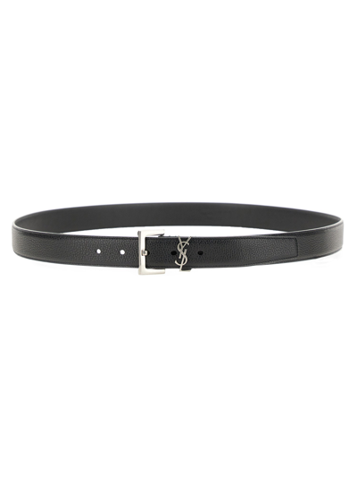 Saint Laurent Cassandre Buckle Grained Leather Belt In Black