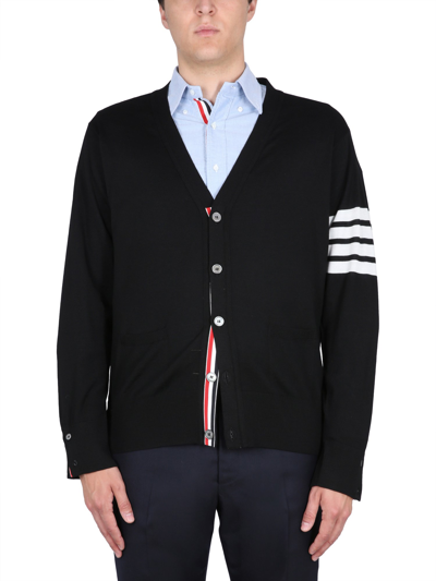 Thom Browne Navy Milano Stitch Merino Wool 4-bar Shawl Collar Cardigan In Black