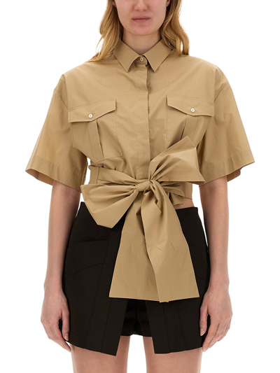 Shop Msgm Shirt With Bow In Beige