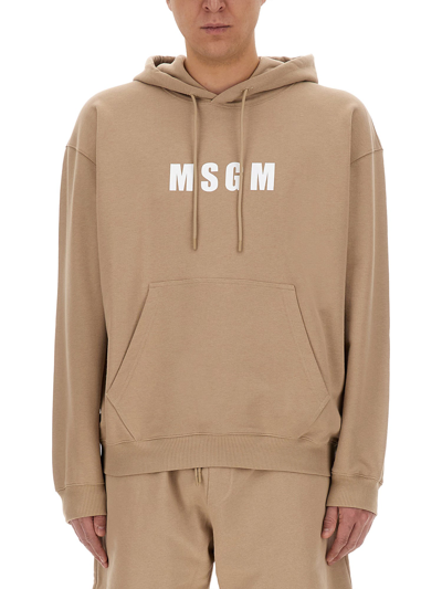 Msgm Hooded Sweatshirt With Kangaroo Pocket And Ribbed Finish In Beige