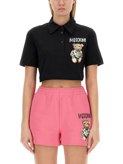 Shop Moschino Cropped Fit Polo Shirt In Black