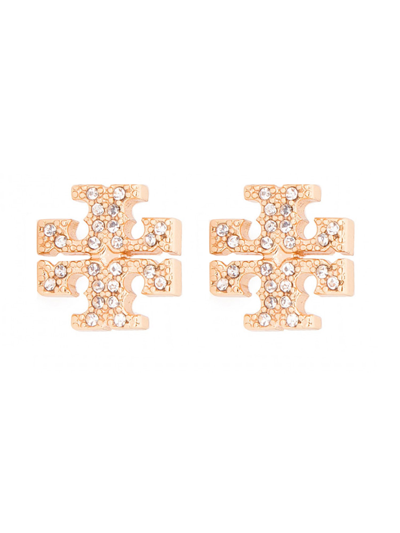 Shop Tory Burch Crystal Logo Earrings In Gold