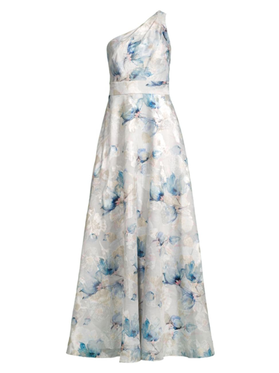 Shop Aidan Mattox Women's Floral Jacquard One-shoulder Gown In Blue Multi