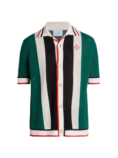 Shop Casablanca Men's Striped Mesh Camp Shirt In Green White Stripe