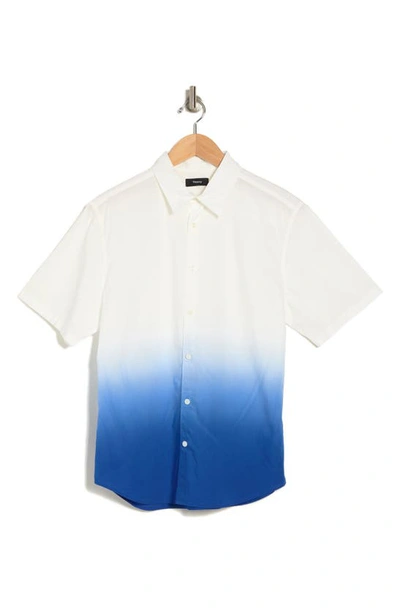 Shop Theory Bronson Dip Dye Short Sleeve Cotton Button-up Shirt In White/ Klein Blue
