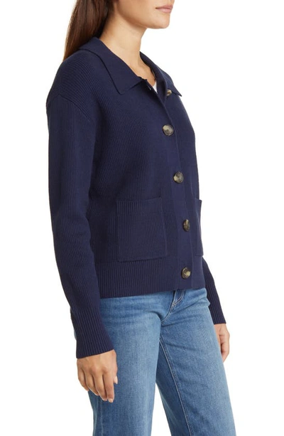 Caslon Collar Organic Cotton Blend Cardigan In Navy Peacoat