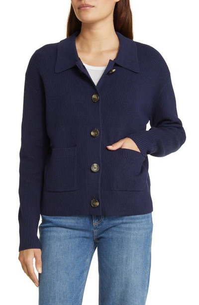 Caslon Collar Organic Cotton Blend Cardigan In Navy Peacoat
