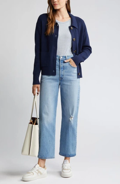 Caslon Collar Organic Cotton Blend Cardigan In Navy Peacoat