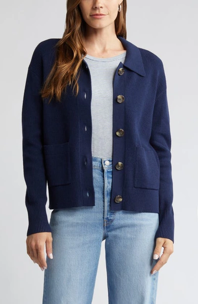 Caslon Collar Organic Cotton Blend Cardigan In Navy Peacoat