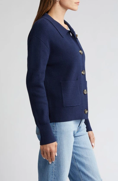 Caslon Collar Organic Cotton Blend Cardigan In Navy Peacoat