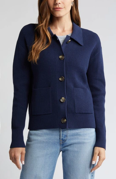 Caslon Collar Organic Cotton Blend Cardigan In Navy Peacoat
