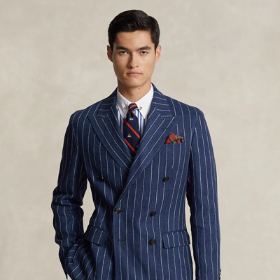 Shop Ralph Lauren Polo Soft Tailored Striped Linen Jacket In Navy/cream