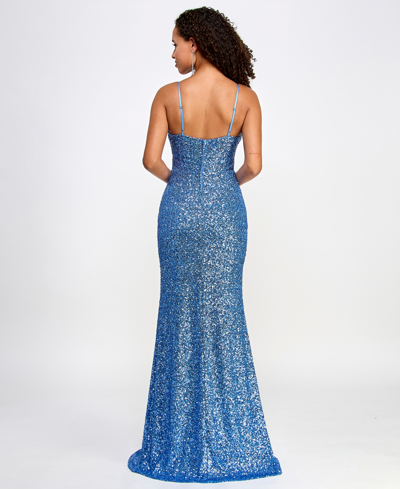 Shop Emerald Sundae Juniors' Sequined Mesh-detail Gown In Periwinkle