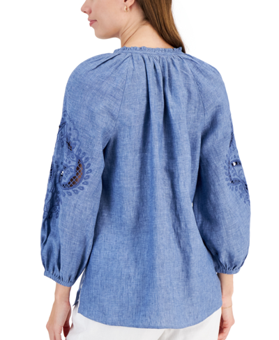 Shop Charter Club Women's 100% Linen Delave Eyelet Top, Created For Macy's In Blue Ocean Combo