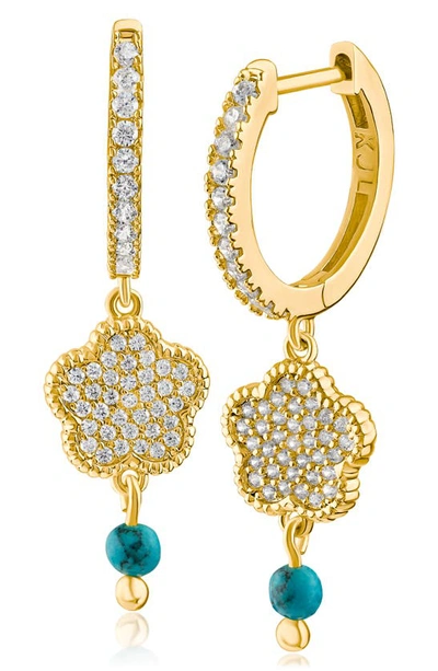 Shop Cz By Kenneth Jay Lane Cz Pavé Clover Dangle Huggie Hoop Earrings In Turquoise/ Gold