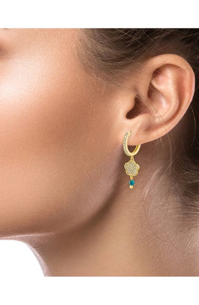 Shop Cz By Kenneth Jay Lane Cz Pavé Clover Dangle Huggie Hoop Earrings In Turquoise/ Gold