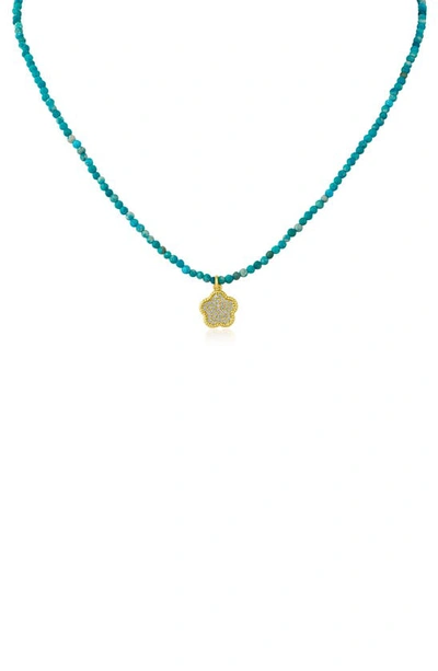 Shop Cz By Kenneth Jay Lane Cz Pavé Clover Glass Bead Necklace In Turquoise/ Gold