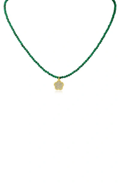 Shop Cz By Kenneth Jay Lane Cz Pavé Clover Glass Bead Necklace In Green/ Gold