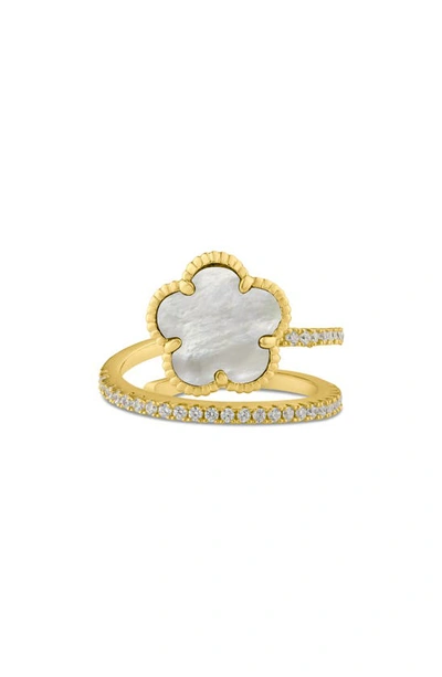 Shop Cz By Kenneth Jay Lane Cz Pavé Clover Wrap Ring In Mother Of Pearl/ Gold