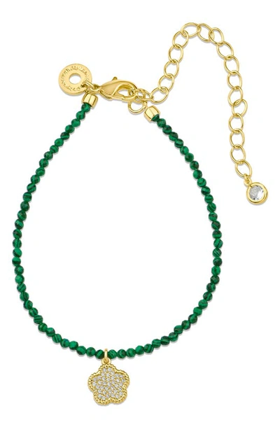Shop Cz By Kenneth Jay Lane Cz Pavé Clover Glass Bead Bracelet In Green/ Gold