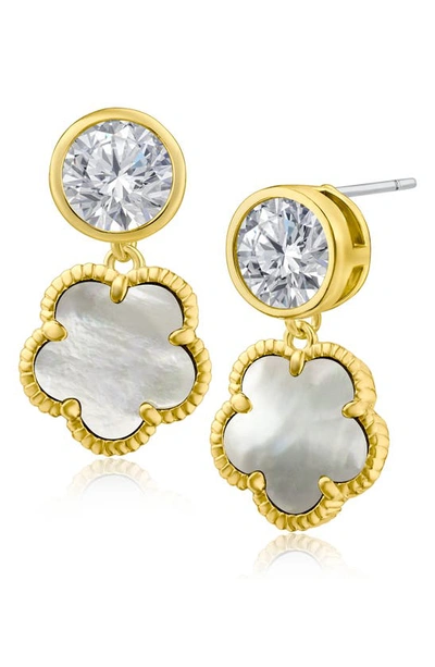 Shop Cz By Kenneth Jay Lane Bezel Cz & Clover Dangle Earrings In Mother Of Pearl/ Gold