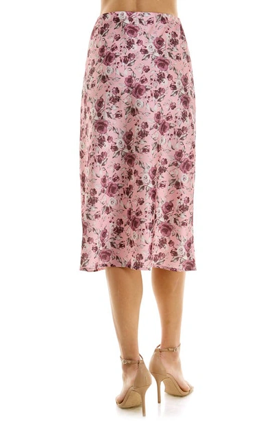 Shop Row A Floral Print Satin Slit Midi Skirt In Pink Floral