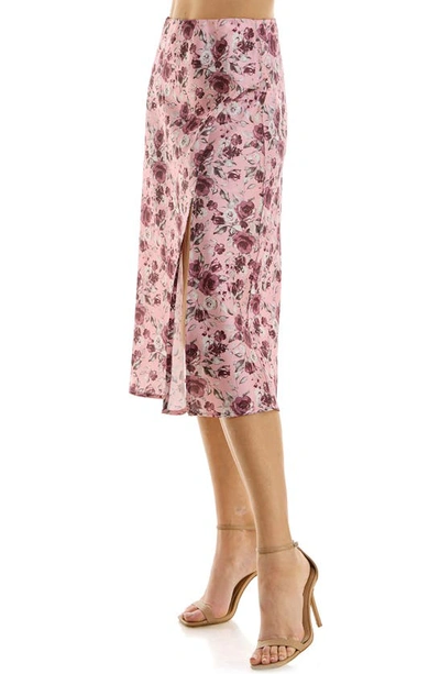 Shop Row A Floral Print Satin Slit Midi Skirt In Pink Floral