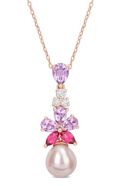 Shop Delmar Cultured Freshwater Pearl & Pink Stone Pendant Necklace In Pink Multi