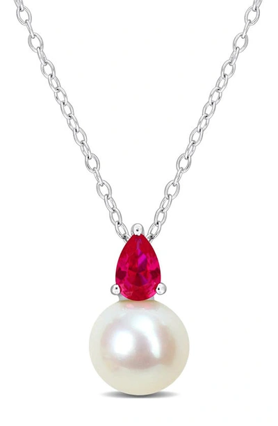 Delmar Lab Created Ruby & Freshwater Pearl Pendant Necklace In Red