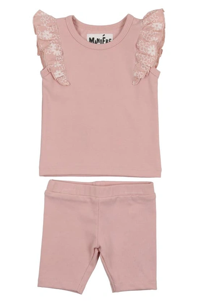 Maniere Flutter Sleeve Top & Shorts Set In Mauve