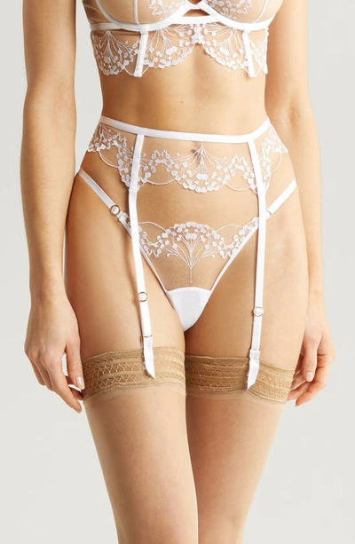 Shop Bluebella Marisa Embroidered Mesh Garter Belt In White/ Sheer