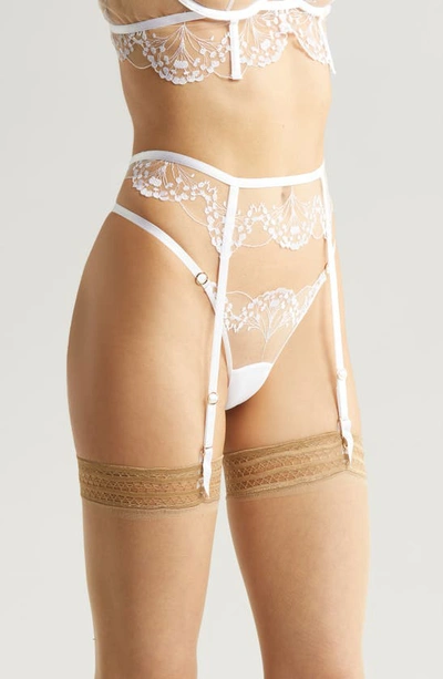 Shop Bluebella Marisa Embroidered Mesh Garter Belt In White/ Sheer