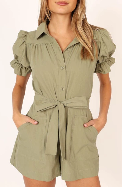 Petal And Pup Petal & Pup Riley Tie Waist Cotton Romper In Olive
