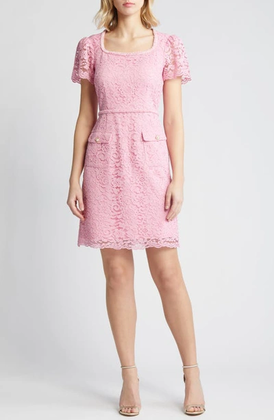 Shop Tahari Asl Short Sleeve Lace A-line Dress In Pink Macaroon