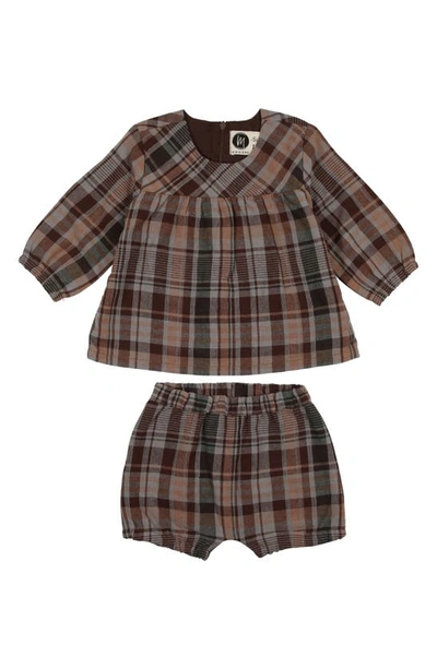 Shop Maniere Kids' Plaid Top & Bubble Shorts Set In Brown