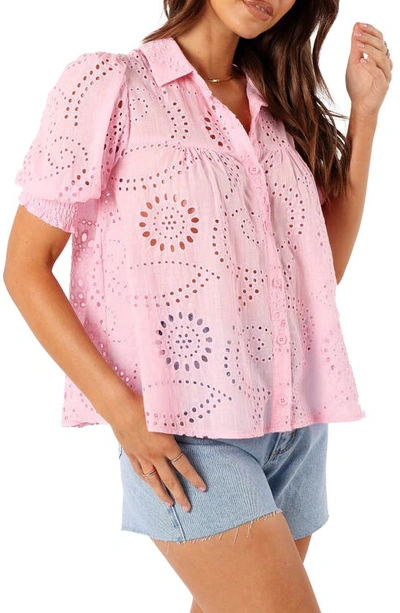Petal And Pup Janelle Shirred Eyelet Button-up Top In Pink