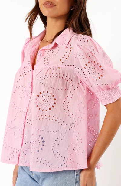 Petal And Pup Janelle Shirred Eyelet Button-up Top In Pink