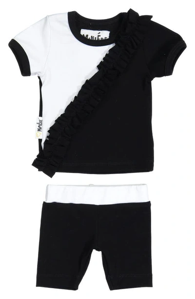 Shop Maniere Diagonal Ruffle Stretch Cotton Top & Shorts Set In Black