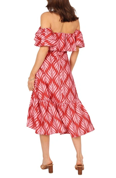 Petal And Pup Neoma Off The Shoulder Midi Dress In Red Palm Print