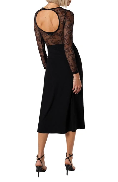 Petal And Pup Addams Long Sleeve Lace Inset Midi Dress In Black
