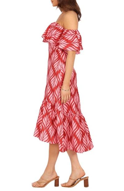 Petal And Pup Neoma Off The Shoulder Midi Dress In Red Palm Print