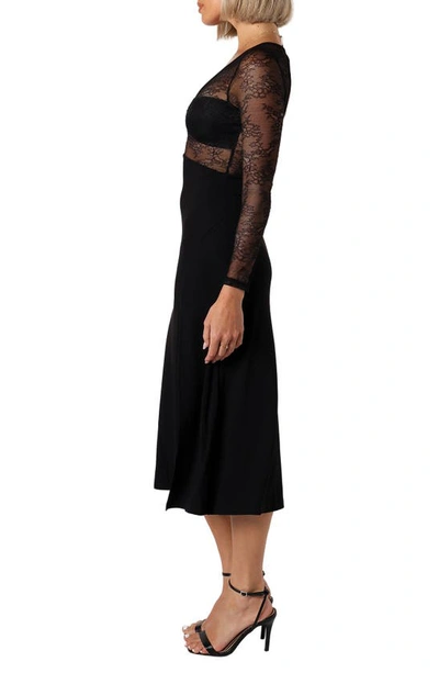 Petal And Pup Addams Long Sleeve Lace Inset Midi Dress In Black