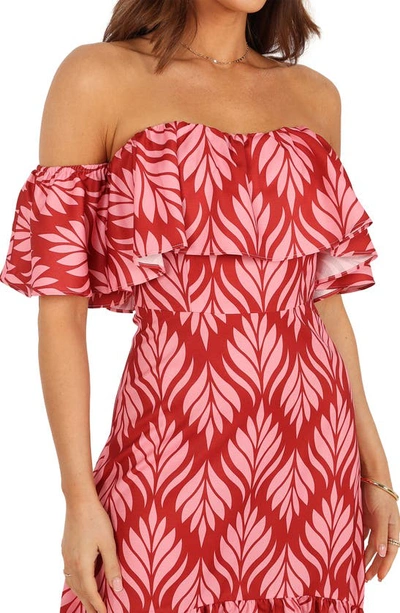 Petal And Pup Neoma Off The Shoulder Midi Dress In Red Palm Print
