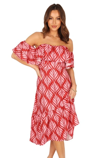 Petal And Pup Neoma Off The Shoulder Midi Dress In Red Palm Print