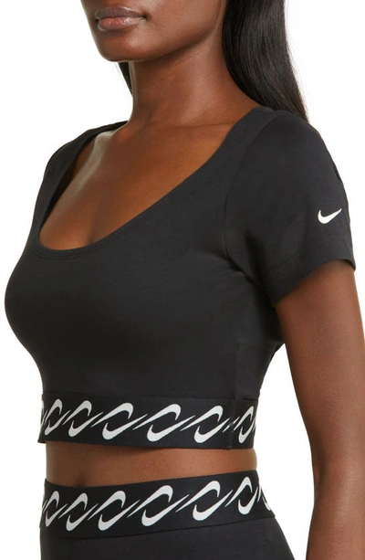 Shop Nike Essentials Swoosh Taping Crop T-shirt In Black/ Sail