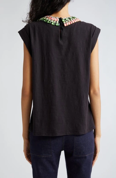 Shop Cinq À Sept Rhinestone Embellished Cotton T-shirt In Black/ Coral Multi