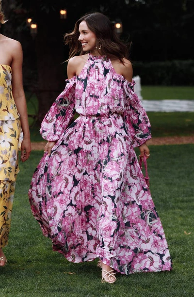 Petal And Pup Hilary Floral Cold Shoulder Long Sleeve Maxi Dress In Pink Floral